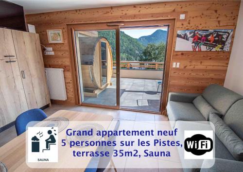 Saint-Jean-dʼAulps Apartment | Dans résidence neuve LE SNOW ROC sur les pistes, grand studio cosy 5 pers avec terrasse panoramique, SAUNA, WIFI