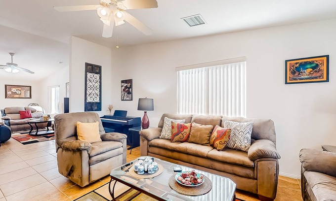 Desert Hot Springs House | Dog-friendly home with patio, grill, firepit, outdoor pool, tennis, & fireplace