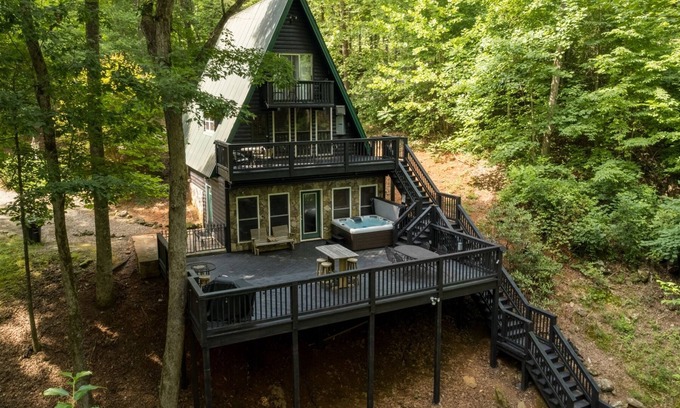 Cleveland Cabin | Falling Waters at Mustang Creek - A-Frame Lodge w/Hot Tub & Your Own Waterfall