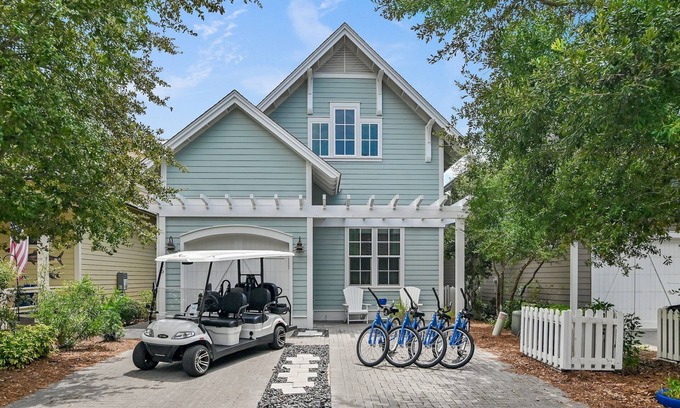 WaterSound West Beach House | Golf Cart+4 Bikes! 5 Min to the Pool, 10 to Beach! 2 King Suites & Custom Bunks!
