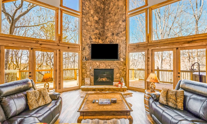 Dahlonega Cabin | Gorgeous cabin with indoor & outdoor fireplaces, huge deck, & hot tub