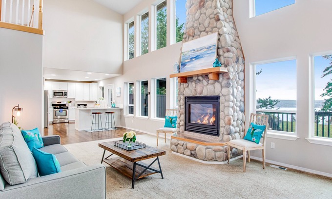 Camano Island House | Gorgeous home with gas fireplace & enormous deck + mountain & water views