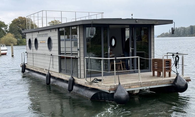Schwerin Boat Rental | House Boat 'Hausboot Marieke Führerscheinfrei' with Lake View, Private Terrace and Wi-Fi