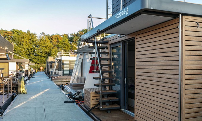 Oberhavel Boat Rental | Houseboat Joana with large sun terrace in Zehdenik