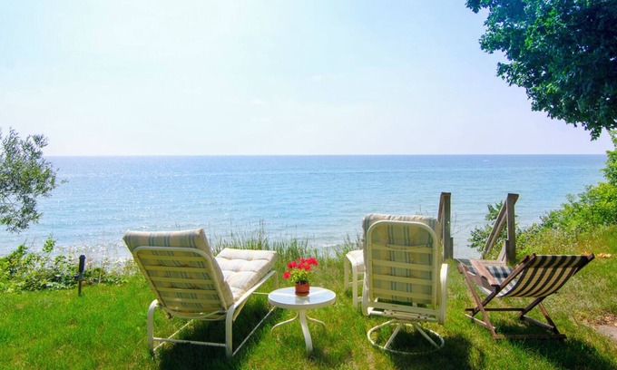 Muskegon House | Lake Michigan House in Woods - lake view behind main yellow house