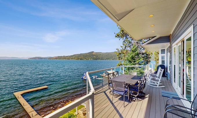 Coeur d'Alene House | Lakefront Home with a Private Dock, Fireplace, Dance Studio, & Mountain Views