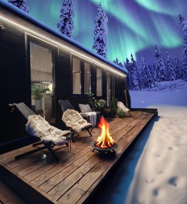 Kolari Ski Chalet | Lapland Riverside Cabin 7 PUOLUKKA, Ylläs, Tiny Home with Sauna, Fireplace, Terrace, BBQ, Wifi, Ski, Fishing, Pets OK