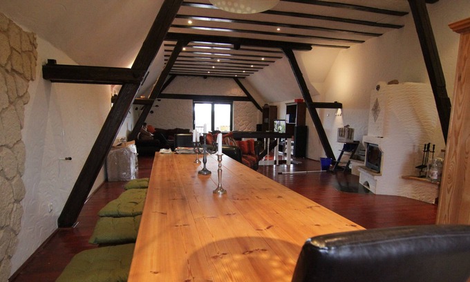 Muelheim House | Large holiday home, 4-14 people, 90sqm living / dining room. 2 fireplaces, sauna, billiards, table football