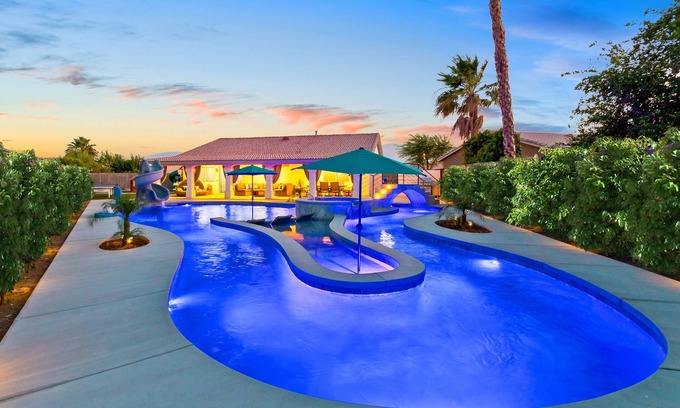 Coachella House | LAZY RIVER, Water slide, kids Race track, Arcade room, Playground