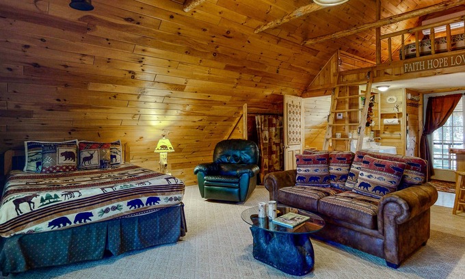 Fryeburg Apartment | Log cabin studio with fireplace, firepit, deck, cable, & WiFi