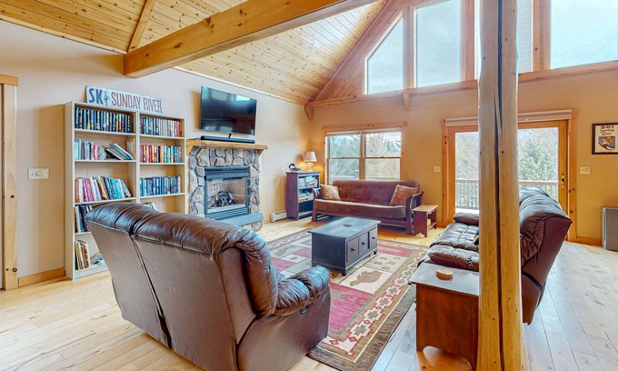Sunday River Area House | Lovely home with hot tub, Sunday River views, firepit, huge deck & fireplace