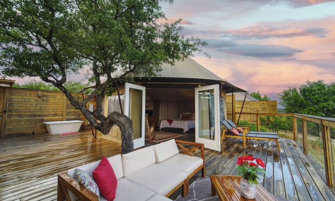 Oatmeal Cabin | Luxury Tent #2 w/private deck and outdoor soaking tub