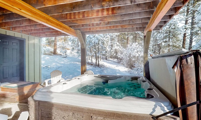 New Meadows Cabin | Mountain-view cabin with private hot tub, furnished deck, 2 kitchens, & 2 W/Ds