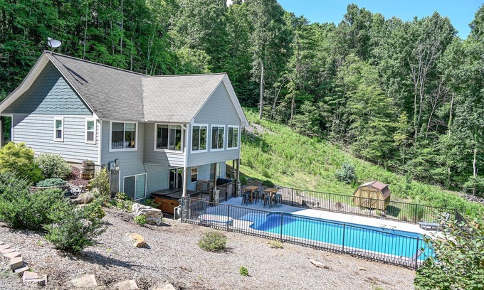 Hayesville House | Mountain View Estate Pool is OPEN Hot Tub Outdoor Kitchen Game Room & Theatre