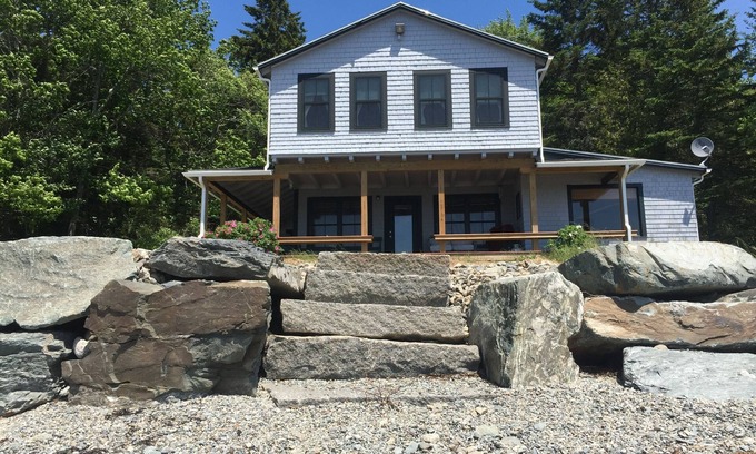 Surry House | Ocean-Beach Front Cottage on Blue Hill Bay w/Mt Desert Island on the Horizon.