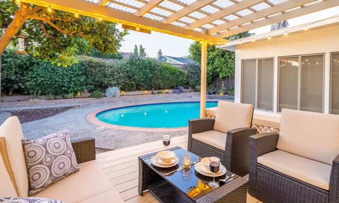 Berryessa House | Private bedroom overlooking beautiful yard & pool