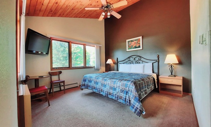 Ironwood Apartment | Private couples suite inside the Lodge at North Ironwood Acres resort with knotty-pine vaulted ceiling, one KING bed, sofa and one small bathroom. DOG FRIENDLY!