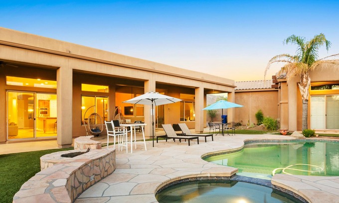 Desert View Village House | Quailbrush paradise with private pool, pool spa, alfresco dining & fireplace