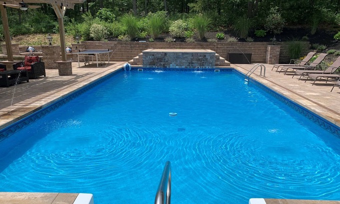 Hampton Bays House | Resort like Backyard-Pool, Putting green, Outside Kitchen, Fire Pit, Bar, Lounge