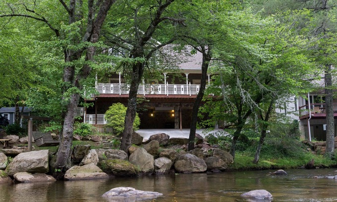 Sylva House | Riverfront home w/fireplace, porch, outdoor firepit, grill and picnic table