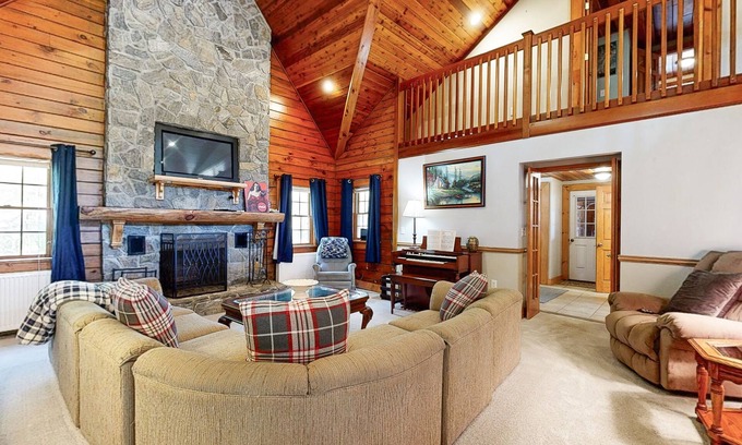 Cavendish Cabin | Riverfront mountain view house w/fireplace, firepit, decks, w/d, wifi, yard
