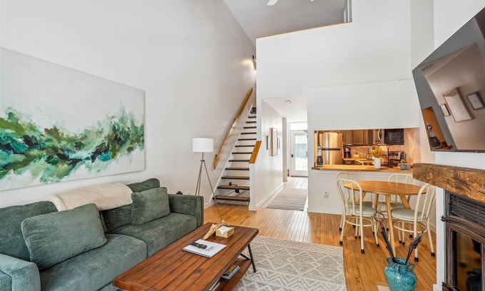 Stowe Area Condo | Riverside Getaway: 1br+ loft, fireplace, a/c, decks w/river views, free ski shuttle, Village area!