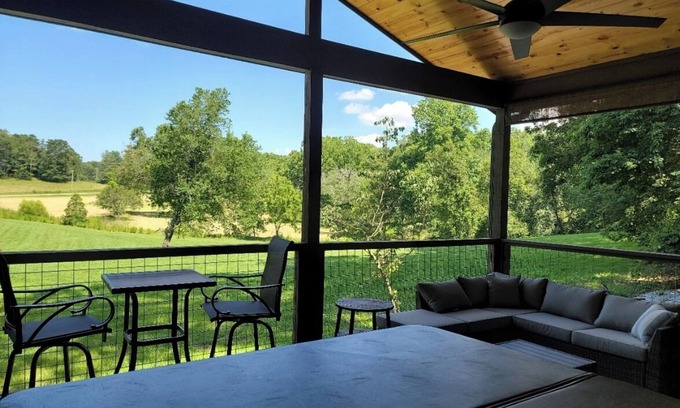 Clarkesville Cabin | Romantic Couples Cottage, Large Covered Deck with Hot Tub, TV, Couches, Firepit