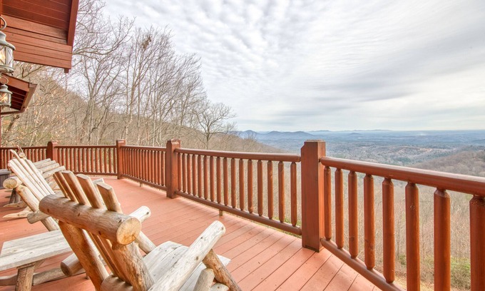 Lake Lure Cabin | Rustic mountain-view home with deck, fire pit, hot tub, fireplace, & game room