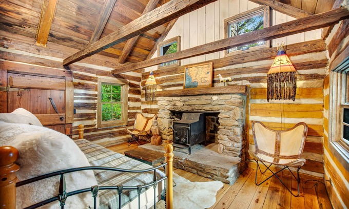 Canton Cabin | Rustic retreat with wood stove, old-school kitchen, porch, & lovely views