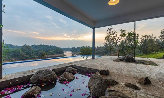 Karjat Villa | SaffronStays One Tree Farm, Karjat - infinity pool villa with amazing river views