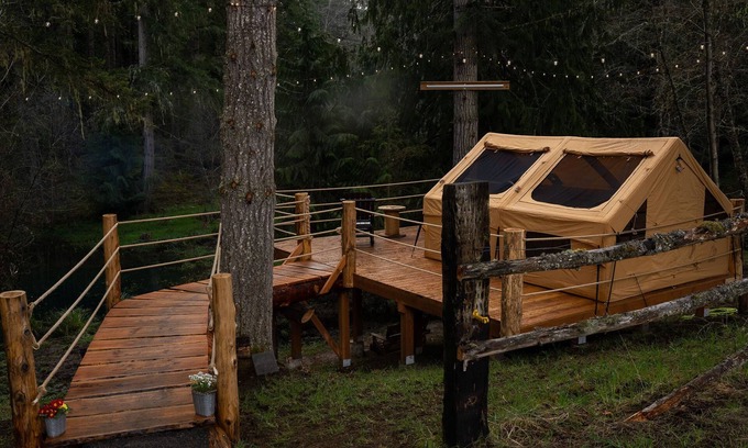 Port Angeles RV Rental | Secluded glamping tent in the foothills of the Olympic Mountains.