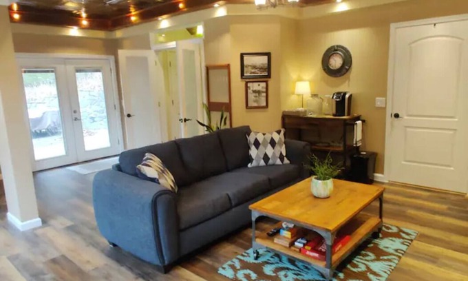 Waynesville Apartment | Secluded, peaceful property with waterfall feature and mountain views.