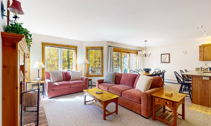 North Troy Condo | Ski-in/ski-out condo, Grammy Jay trail, waterpark, golf, fireplace, w/d, deck