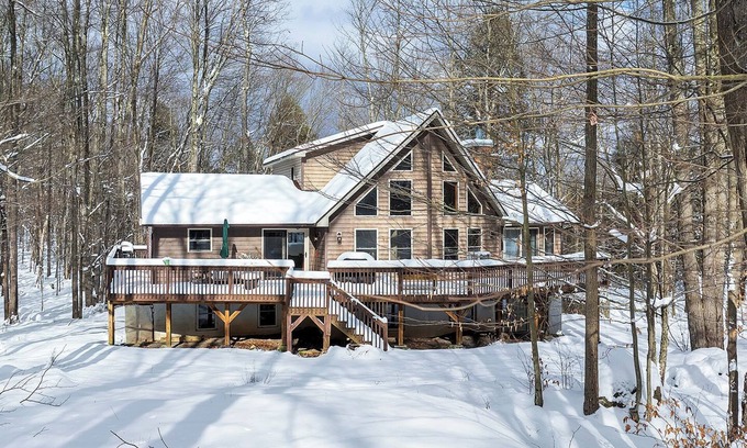 Gouldsboro Ski Chalet | Snowy Cozy Retreat with Hot Tub, Fireplaces & Private Sauna near Ski Resorts!