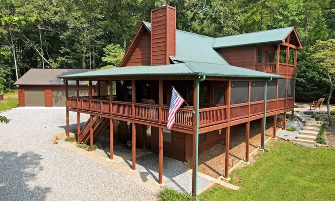Blairsville Cabin | Stone Lodge - view, hot tub, fire pit, game room
