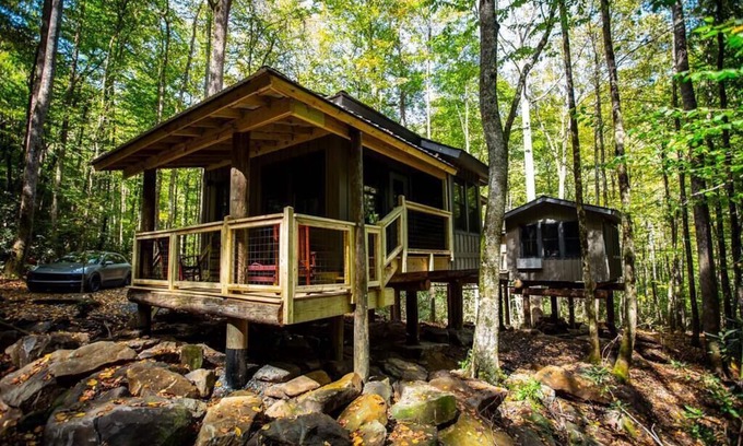 Robbinsville Cabin | Treehouse Over Creek with WiFi, private hiking trails, firepit & swimming hole
