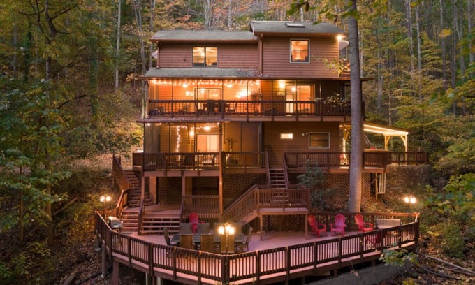 Asheville House | Treetop Towers, Hot Tub, Game Room, and Creek Views!