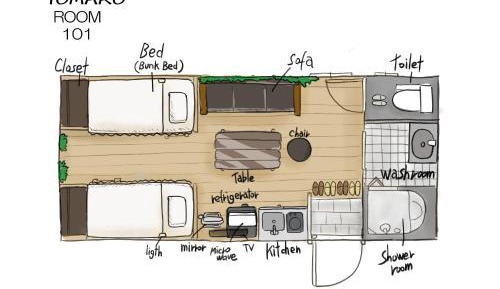 Family Room with Kitchen and Shower