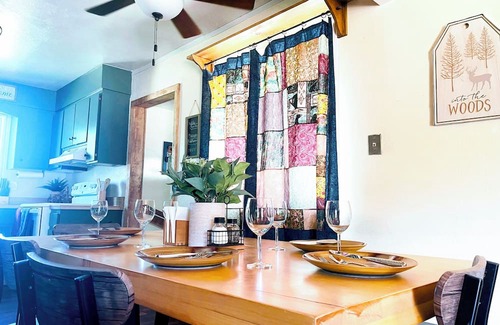 Old Station House | Charming 3-bedroom cabin in with AC, spa, game room, firepit & EV charger